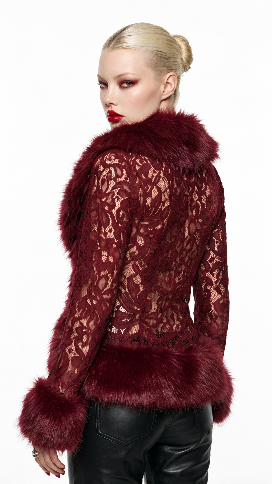 Burgundy Lace and Faux Fur Jacket