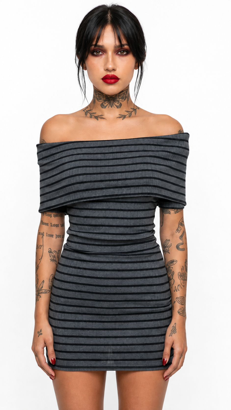Off Shoulder Striped Knit Dress