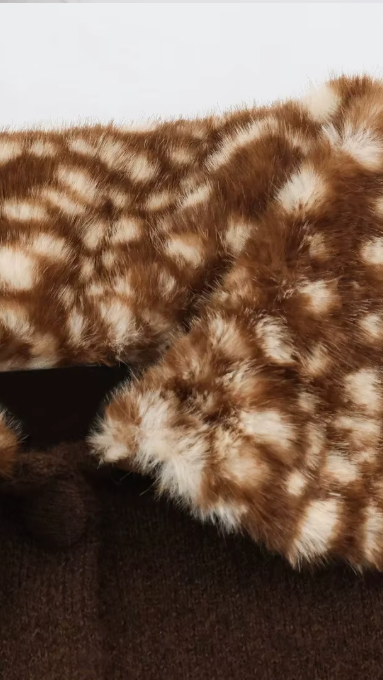 Chocolate Brown Knit Jacket with Spotted Fur Collar