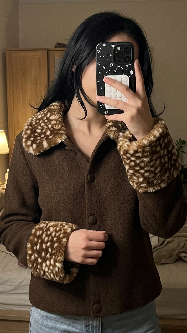 Chocolate Brown Knit Jacket with Spotted Fur Collar