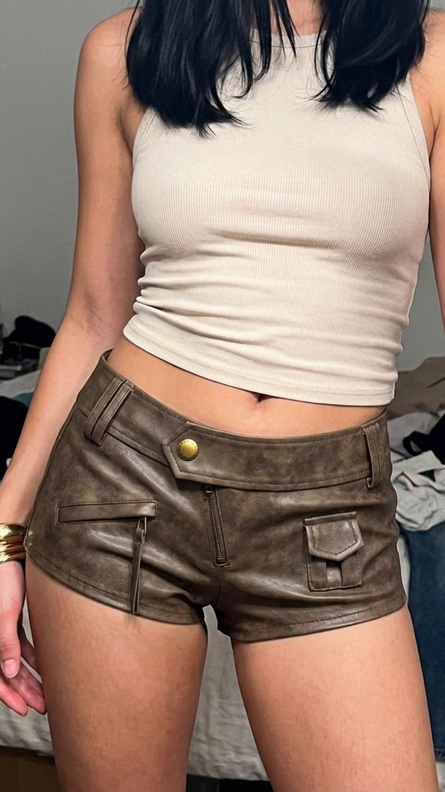 Brown Faux Leather Mini Shorts