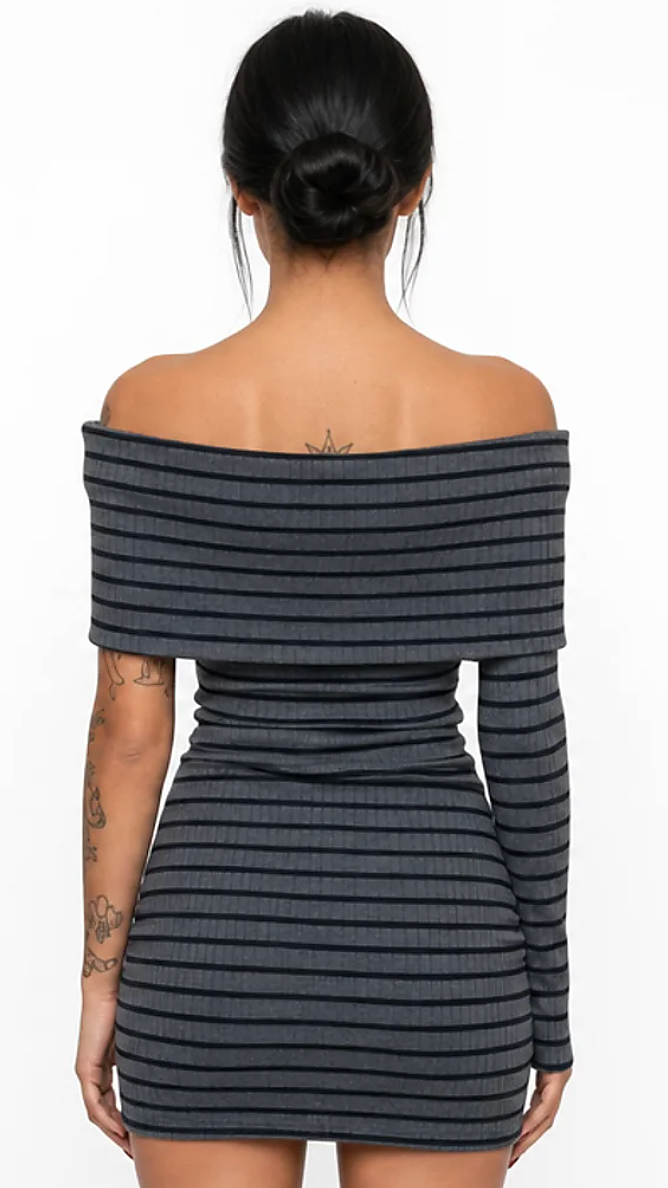 Off Shoulder Striped Knit Dress